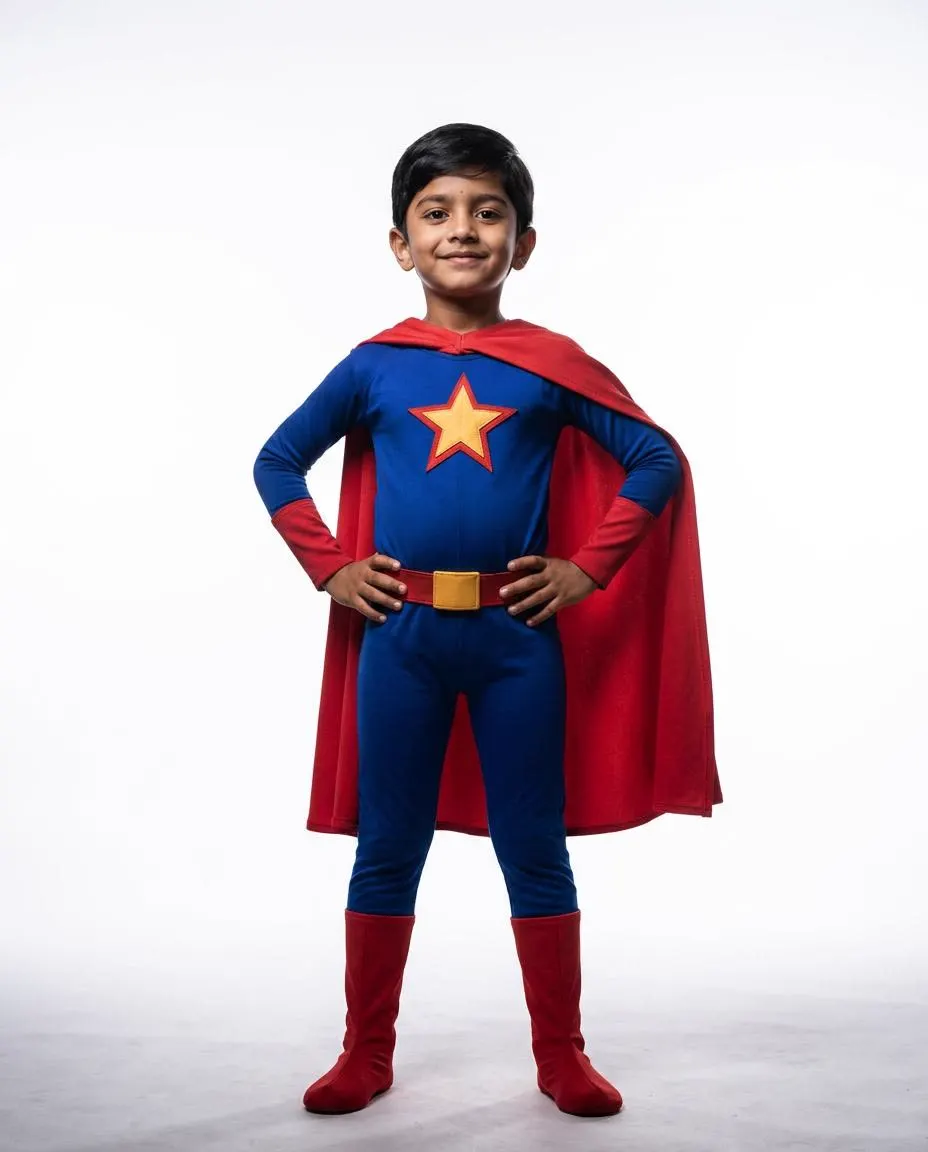 Child wearing a custom t-shirt printed with their own face drawn as a superhero
