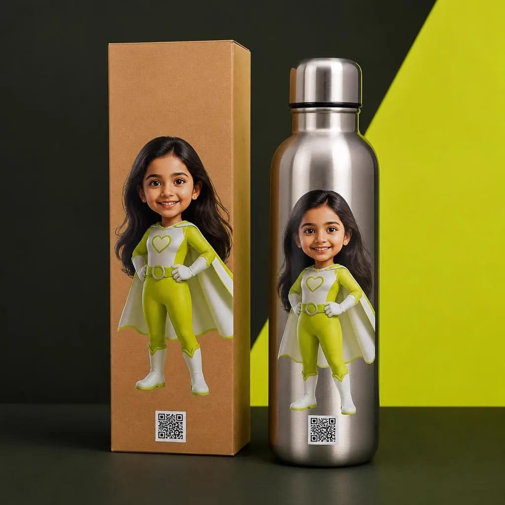 Girl in school uniform holding her personalised superhero sipper bottle