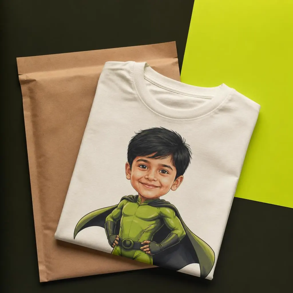Boy opening his KidzHero parcel wearing his custom superhero t-shirt