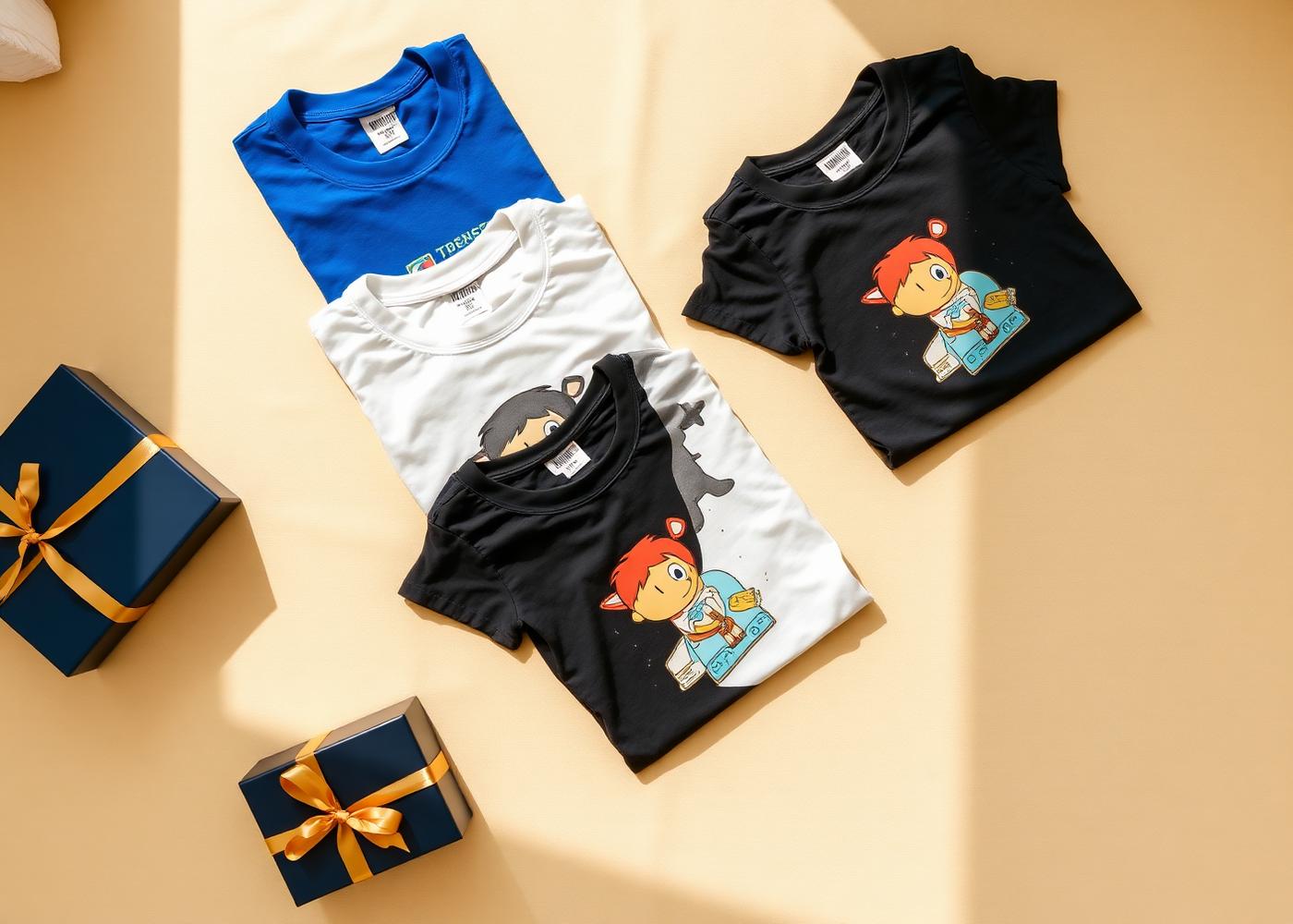 Three custom superhero kids t-shirts laid flat