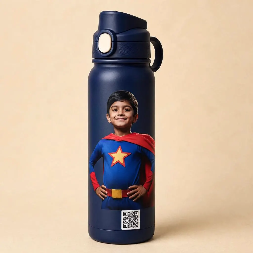 Child holding a personalised steel sipper bottle with hero artwork