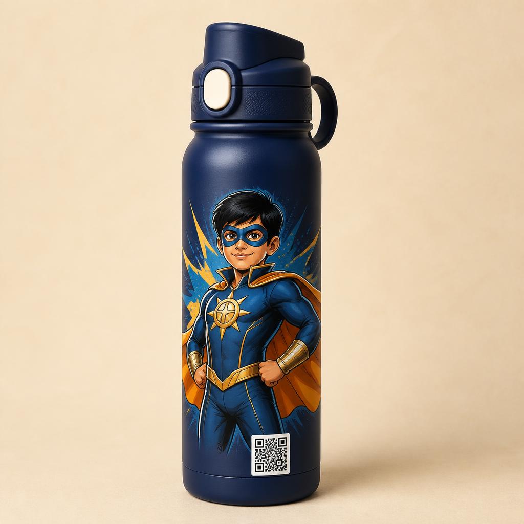 Steel sipper bottle printed with a child superhero and a QR code