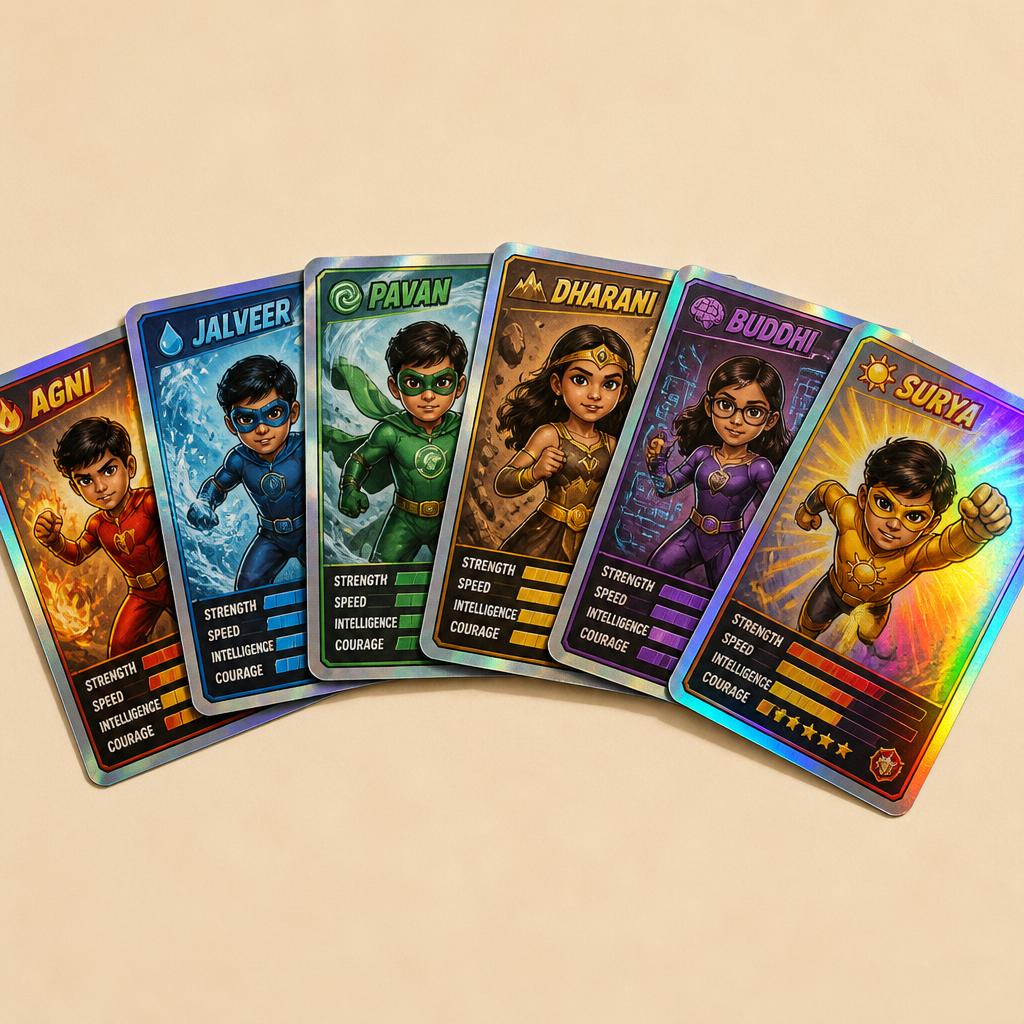 Fanned-out holographic superhero trading cards of a child