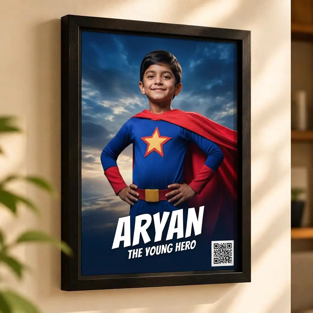 Framed superhero poster of a child with a scannable QR code