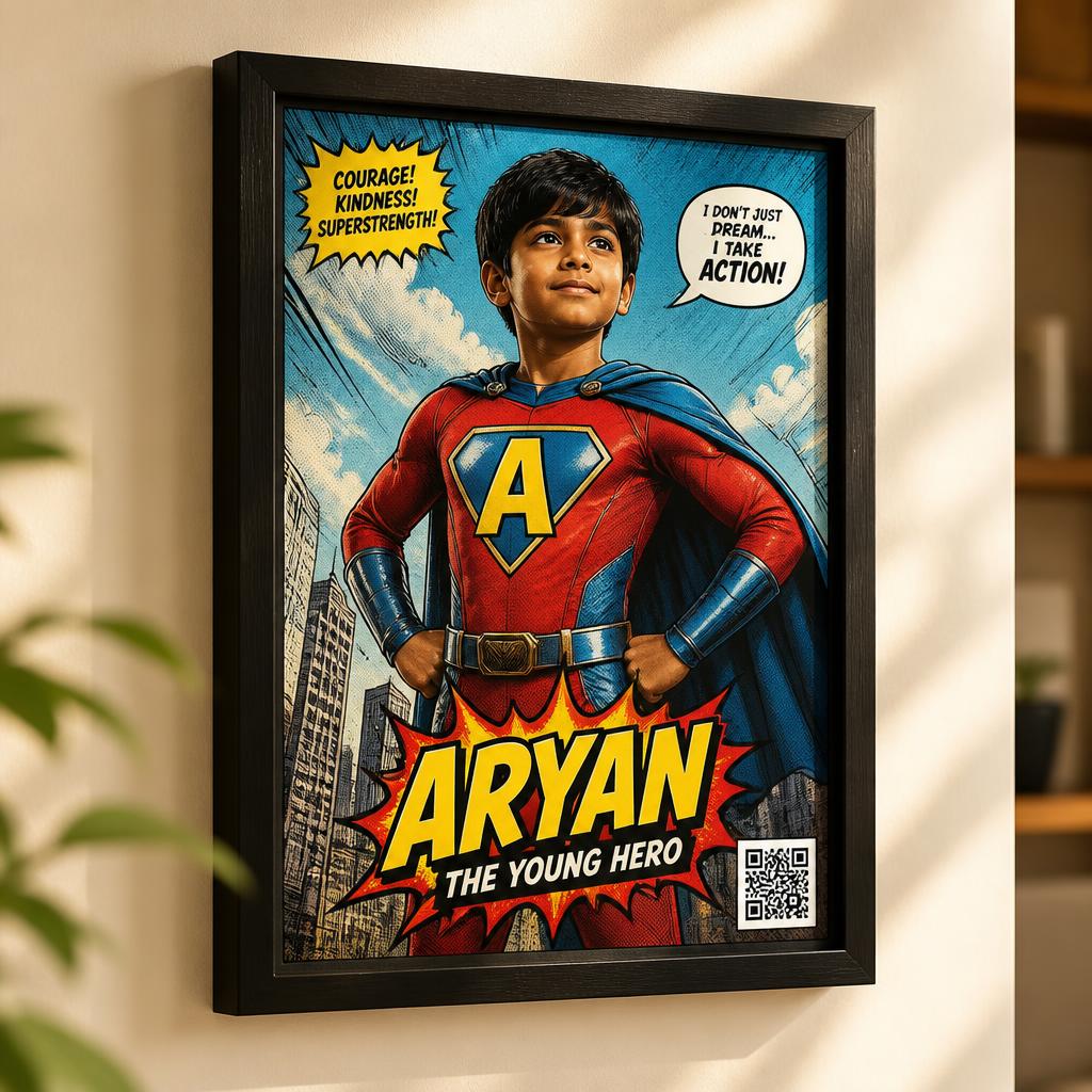 Framed superhero poster of a child with a QR code