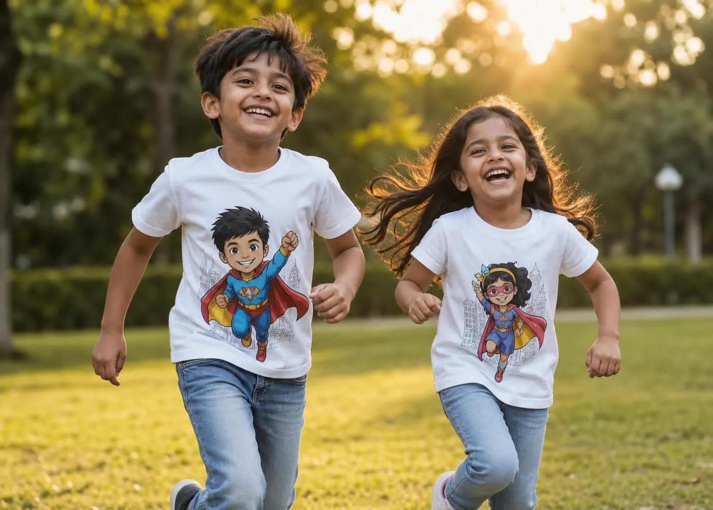 Two siblings holding personalised superhero gifts