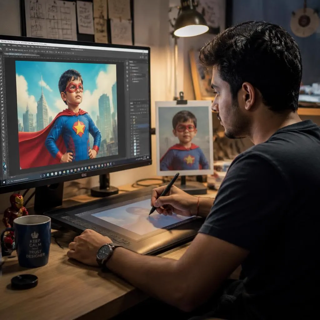 KidzHero graphic designer illustrating a child as a superhero on a drawing tablet