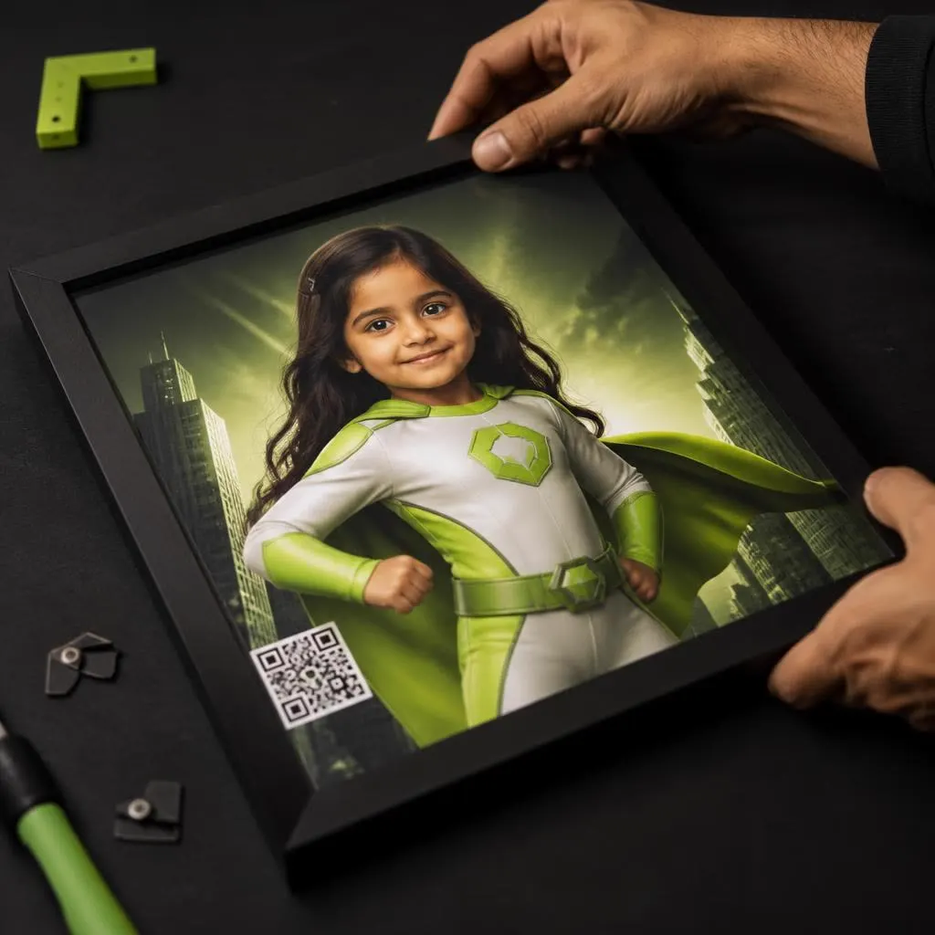 Hands assembling a wooden frame with a printed hero poster and a QR card