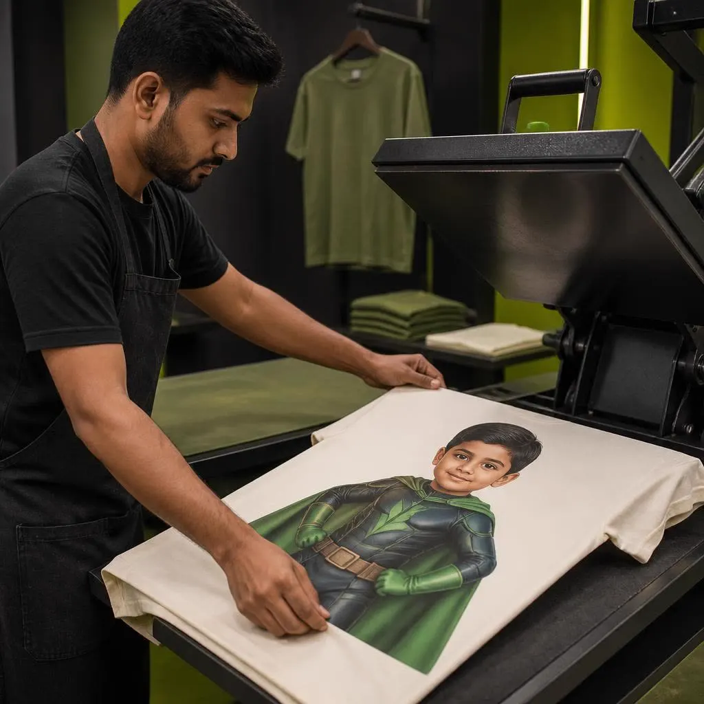 Print technician printing a hero illustration on a navy cotton kids t-shirt