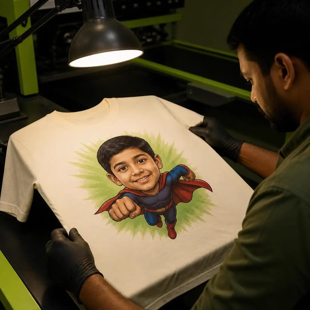 Quality inspector checking the print and stitching on a finished kids t-shirt