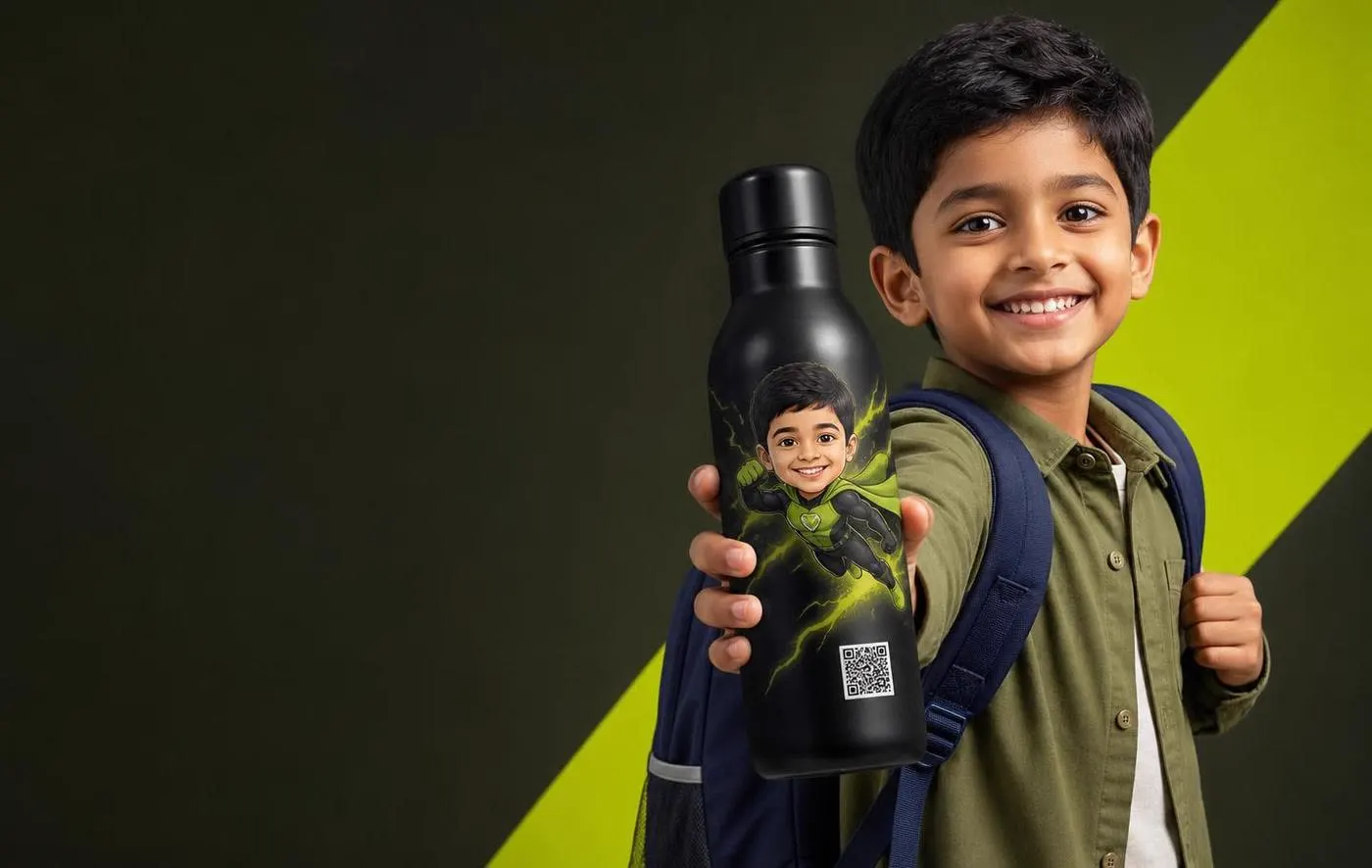Steel sipper bottle printed with a child superhero and a QR code