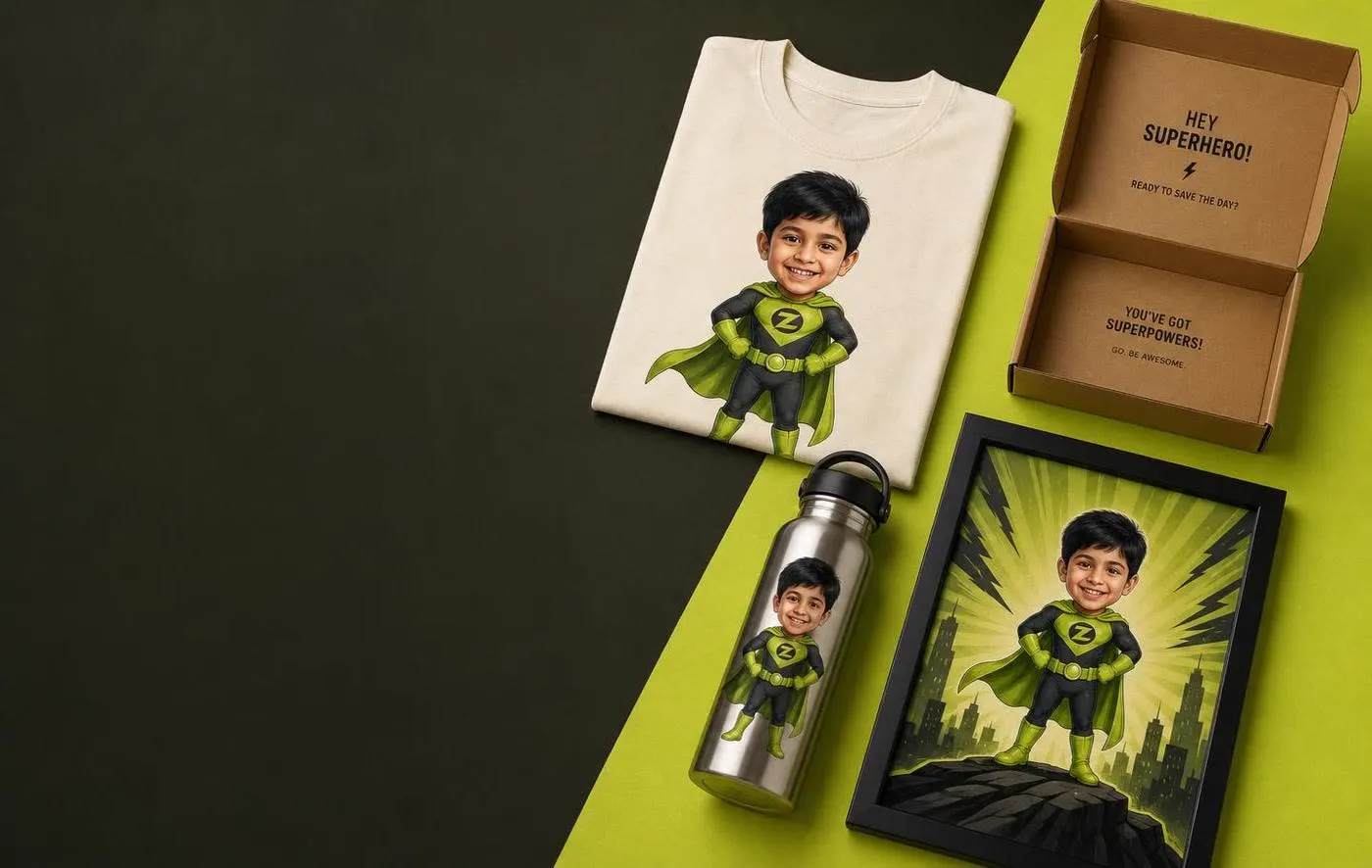 Custom superhero t-shirt, framed poster and sipper bottle together