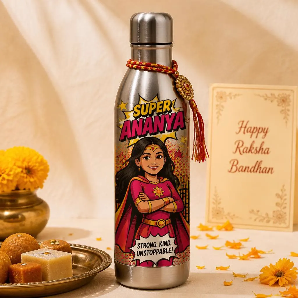 Steel sipper bottle printed with a girl as a superheroine, tied with a rakhi