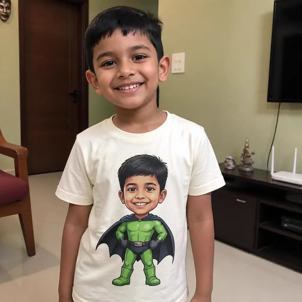 Indian mother hugging her son who is wearing his custom KidzHero superhero t-shirt