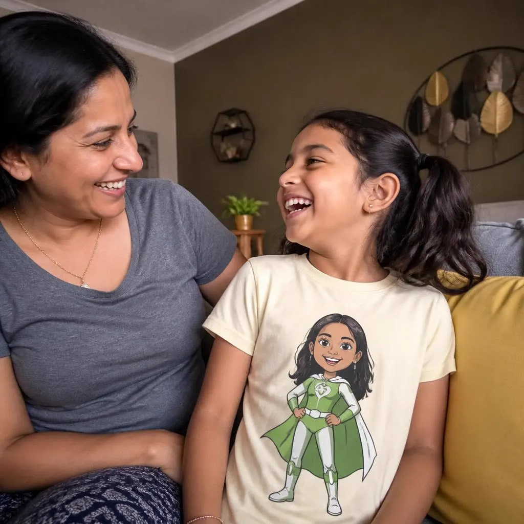Indian grandmother and grandson looking at a framed personalised hero poster on the wall