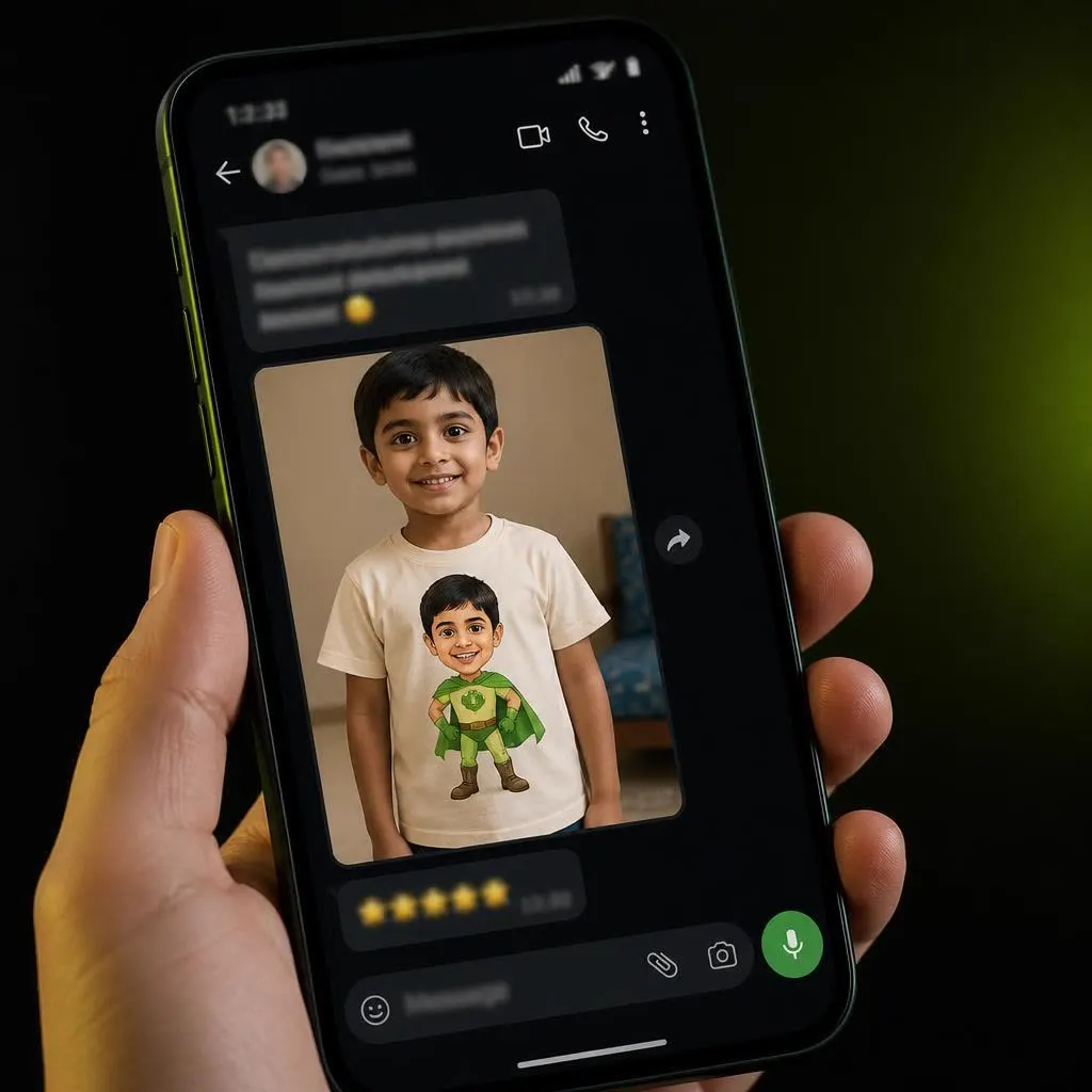 WhatsApp chat where a parent shares a photo of her son in his delivered hero t-shirt